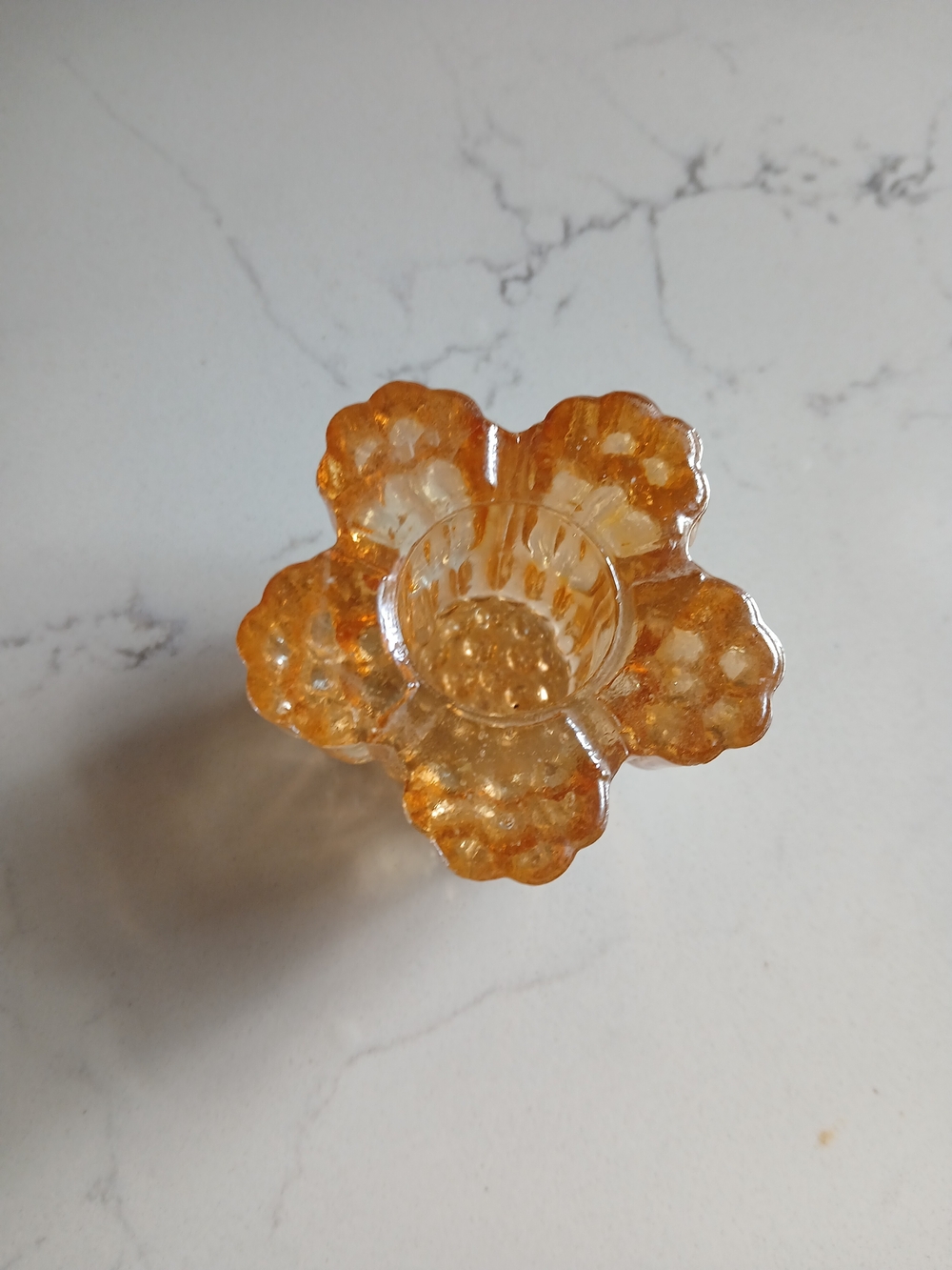 Mid-Century Amberina glass flower candlestick, molded glass votive Candle Holder